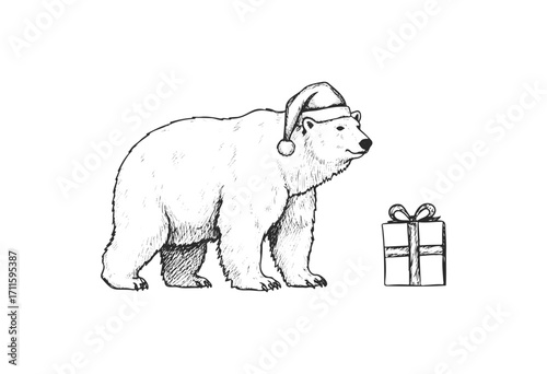 Polar bear wearing santa hat standing beside gift box illustration - stock vector