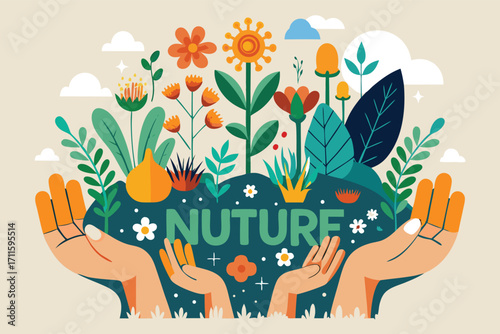 Hands holding vibrant plants and flowers symbolizing love for nature and the environment
