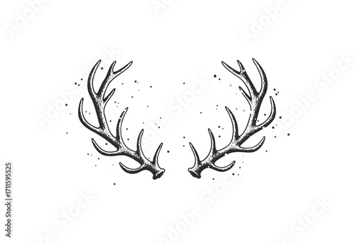 Vintage hand-drawn deer antlers illustration with speckled detailing - stock vector