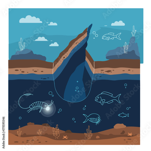 A cutaway view revealing underwater life and geological layers in muted blues and browns
