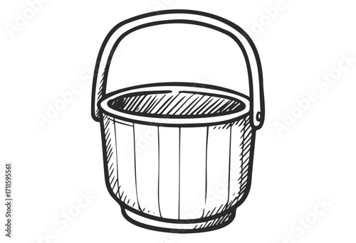 Hand-drawn wooden bucket illustration with handle in black and white - stock vector