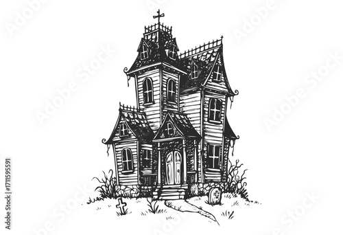 Spooky abandoned victorian haunted house with gothic architecture - stock vector