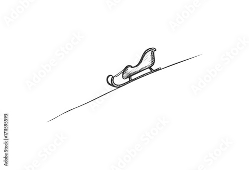 Hand-drawn sled silhouette on sloping hill in minimalist style - stock vector