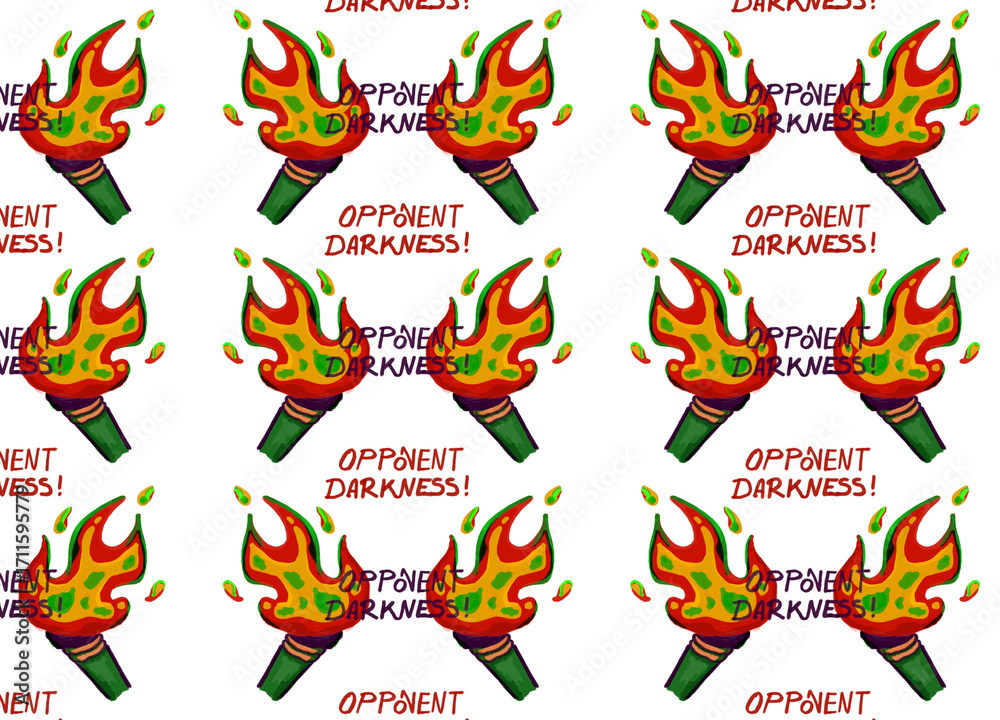 Obraz premium A pattern showcasing illuminated flaming torches, complemented by bold, colorful typography, set against a dark backdrop enhancing vivid contrasts and symbolic themes of light overcoming darkness