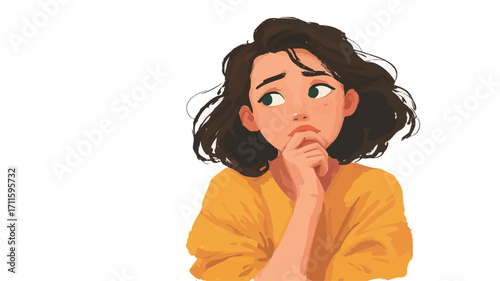 Close-up digital illustration of a young woman with shoulder-length brown hair, wearing a yellow sweater. She has a pensive expression, with her hand supporting her chin, looking thoughtfully off