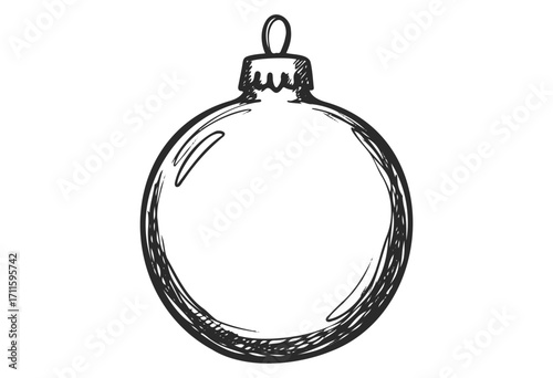 Hand-drawn circular christmas ornament with hanging loop outline in black and white - stock vector