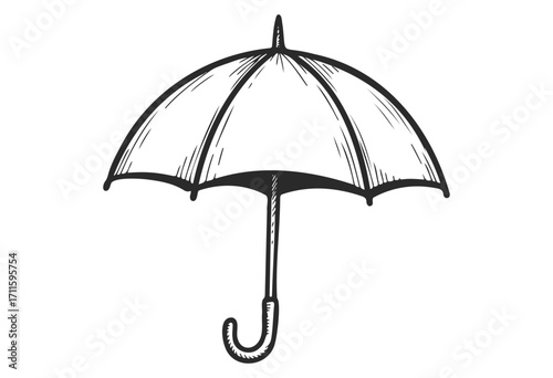 Classic black and white umbrella illustration with curved handle - stock vector