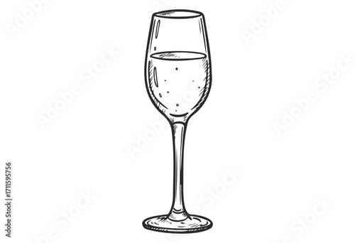 Intricate black and white sketch of a champagne glass with effervescent bubbles - stock vector