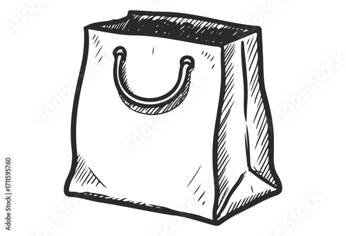 Hand-drawn paper shopping bag with rope handles in black and white sketch style - stock vector