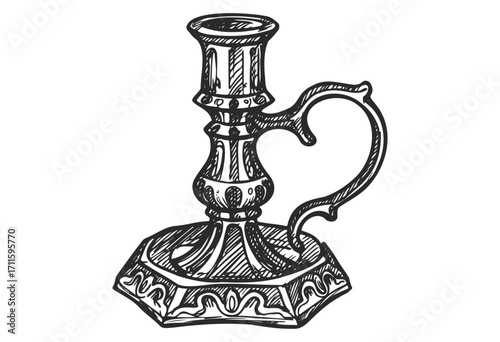 Vintage hand-drawn candlestick with ornate handle and hexagonal base - stock vector