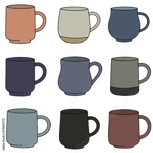 Collection of nine colorful, cartoonish mugs with varying shapes and sizes, against white