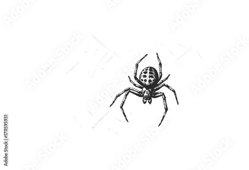 Black and white drawing of a spider on web - stock vector