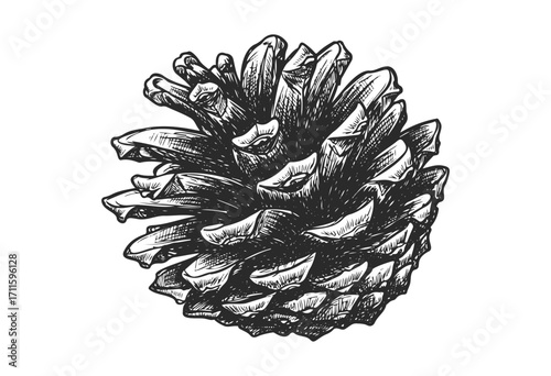 Black and white illustration of a pine cone detailed line art drawing nature - stock vector