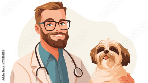 A digital illustration depicting a smiling male veterinarian with a beard and glasses, wearing a white coat and stethoscope, gently holding a small, light brown Shih Tzu dog. 