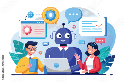 Discussion on technology and artificial intelligence in a modern workspace with friendly interactions
