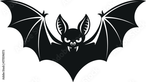 Fierce black bat with sharp fangs and outstretched wings, ready to fly in the night