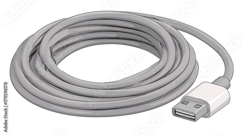 A studio shot of a coiled grey USB cable. The cable is neatly arranged in a circular coil. One end of the cable shows a white USB-A connector. The image is well-lit, against a plain white