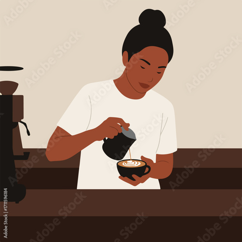 Digital illustration of barista crafting latte art with frothy milk in black cup