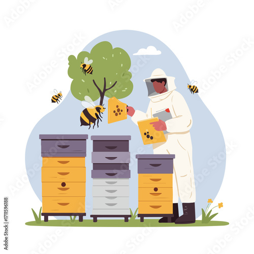 Beekeeper in protective gear inspects honeycombs near beehives with flying bees around