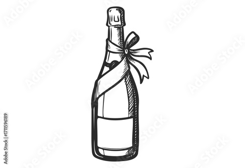 Hand-drawn champagne bottle with ribbon in black and white - stock vector