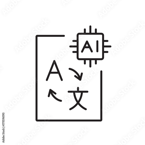 A vector icon of a document with multilingual characters and an AI chip, representing automated document translation using artificial intelligence. Line style, editable stroke.