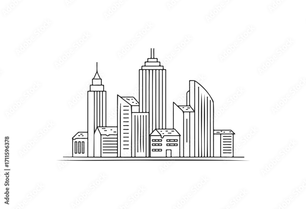 Obraz premium Monochrome city skyline illustration with various modern skyscrapers - stock vector
