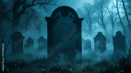 Creepy blank gravestone surrounded by mist in eerie graveyard at night, Creepy blank gravestone in graveyard at night with fog and shadows,halloween theme