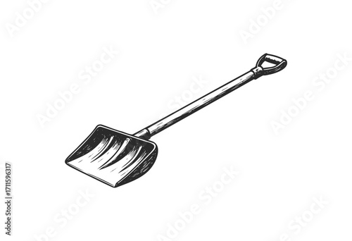 Detailed black and white snow shovel drawing in vintage style - stock vector