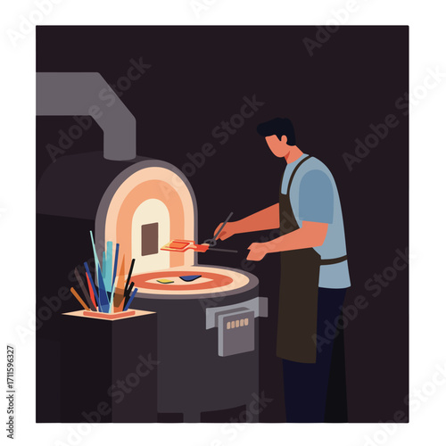 Illustration of a glassblower working with molten glass in front of a furnace