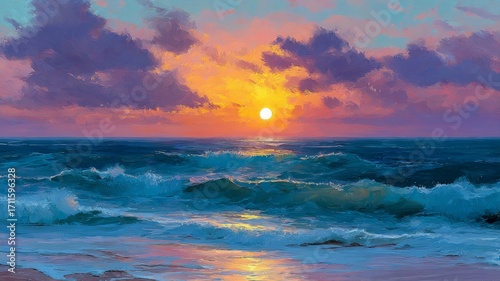 Vibrant ocean sunset with dramatic clouds. AI image