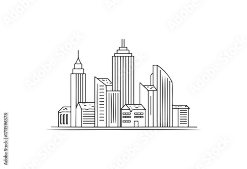 Monochrome city skyline illustration with various modern skyscrapers - stock vector