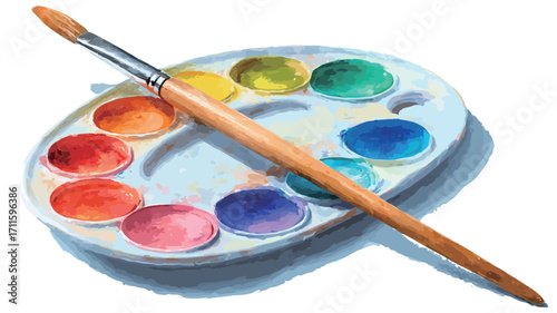 Close-up image of an oval-shaped watercolor paint palette with various vibrant colors in individual wells. A long-handled paintbrush is positioned diagonally across the palette. 