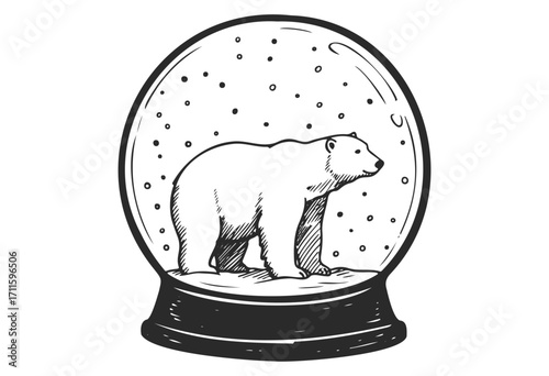 Polar bear in snow globe sketch: detailed monochrome winter illustration - stock vector