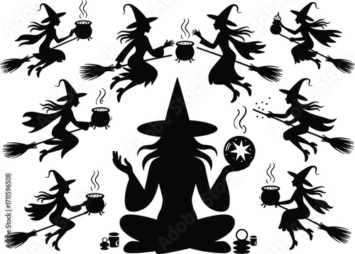 Enchanting silhouettes of witches conjuring magic on brooms around a central figure with a crystal ball