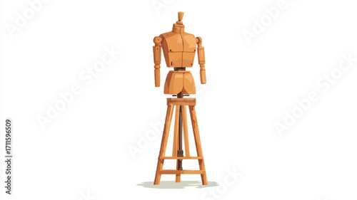 A digital illustration depicting a rear view of a light brown wooden dressmaker's mannequin standing on a tripod base.  The mannequin is simplified in style and rendered in a painterly fashion,