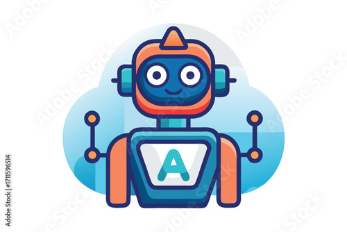 Robot character smiling against a soft blue background creating a friendly technology vibe for kids