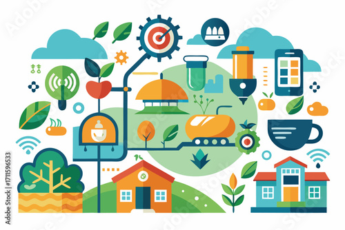 Colorful illustration of technology and nature integration in modern farming and smart living environments