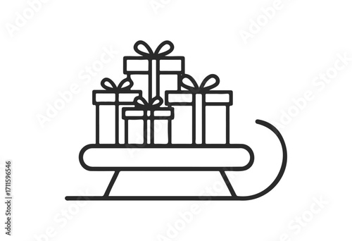 Sleigh with stacked gift boxes outline drawing - stock vector