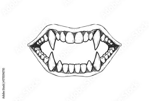 Open vampire mouth with fangs in black and white line art style - stock vector