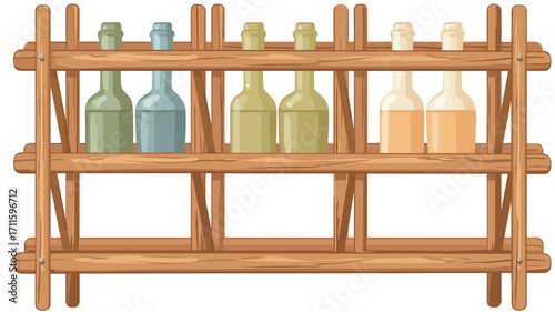 A digital illustration depicting a wooden rack with two shelves. Each shelf holds several glass bottles of varying colors (greens, yellows). The bottles are depicted in a simple, cartoon-like