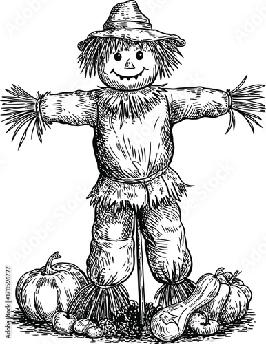 Whimsical scarecrow with pumpkins and gourds, a charming symbol of autumn.