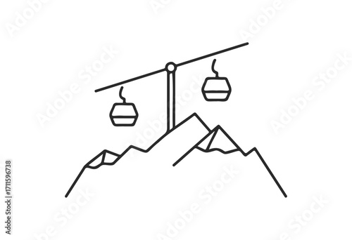 Mountain cable cars illustration with minimalist design and alpine peaks - stock vector