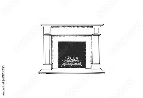 Sketch of classic fireplace with log stack and mantel in black and white line art - stock vector