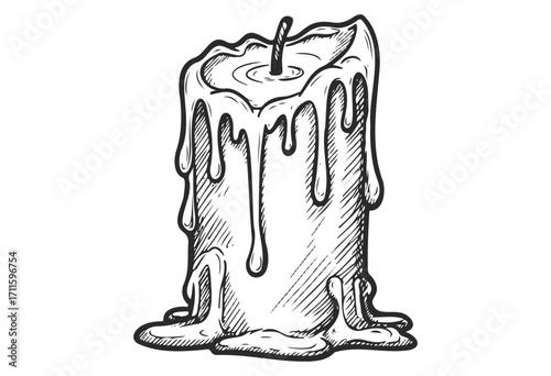 Hand-drawn melting candle with dripping wax illustration - stock vector