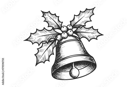 Vintage christmas bell with holly and berries in detailed black and white sketch - stock vector