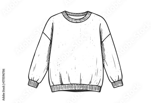 Hand-drawn sweatshirt outline: detailed monochrome clothing sketch - stock vector