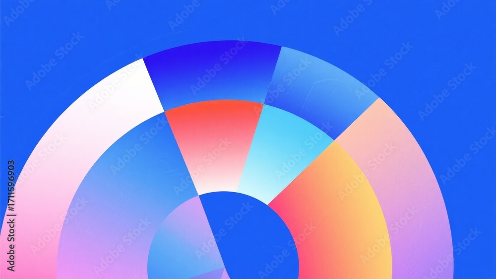 Fototapeta premium Abstract geometric design with overlapping colorful arcs and gradient patterns on a blue background