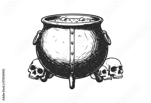 Vintage cauldron with skulls: mysterious witchcraft and potion illustration - stock vector
