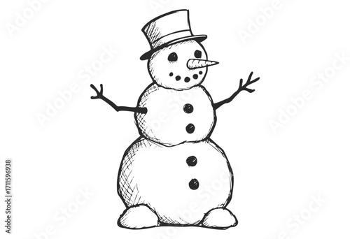 Cheerful snowman drawing with top hat and carrot nose - stock vector