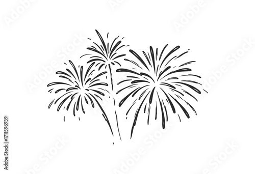 Black and white fireworks sketch with three bursts - stock vector